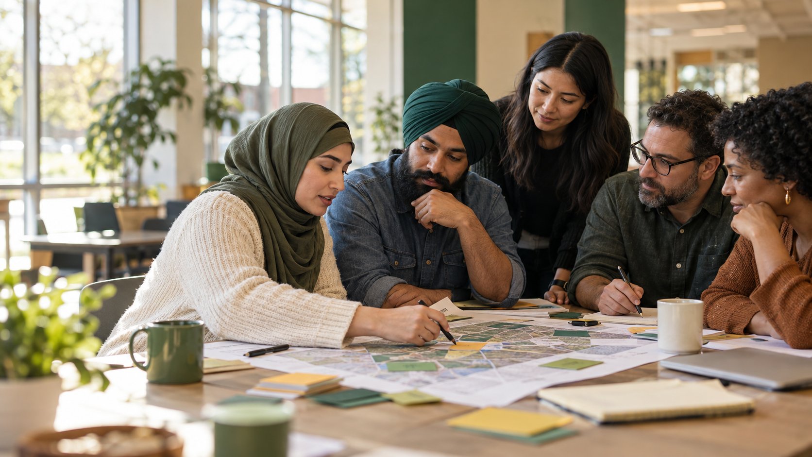 Illustrative neighbours discussing a local map and priorities together