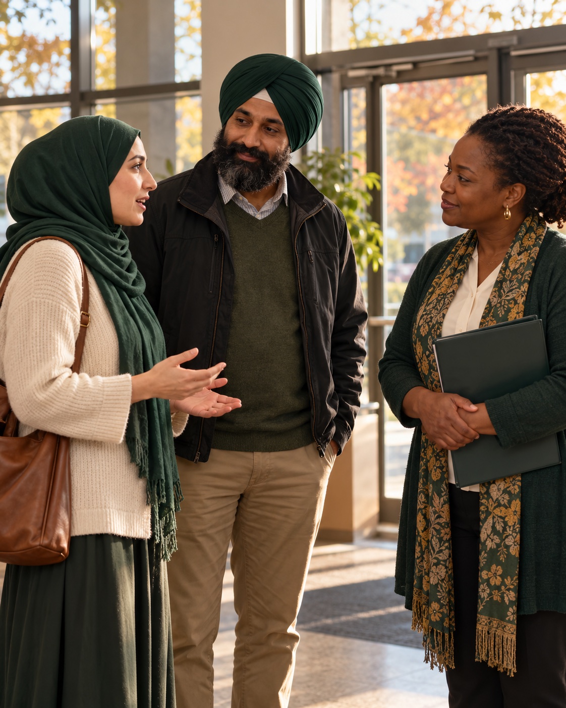 Illustrative neighbours arriving for a conversation at a community centre