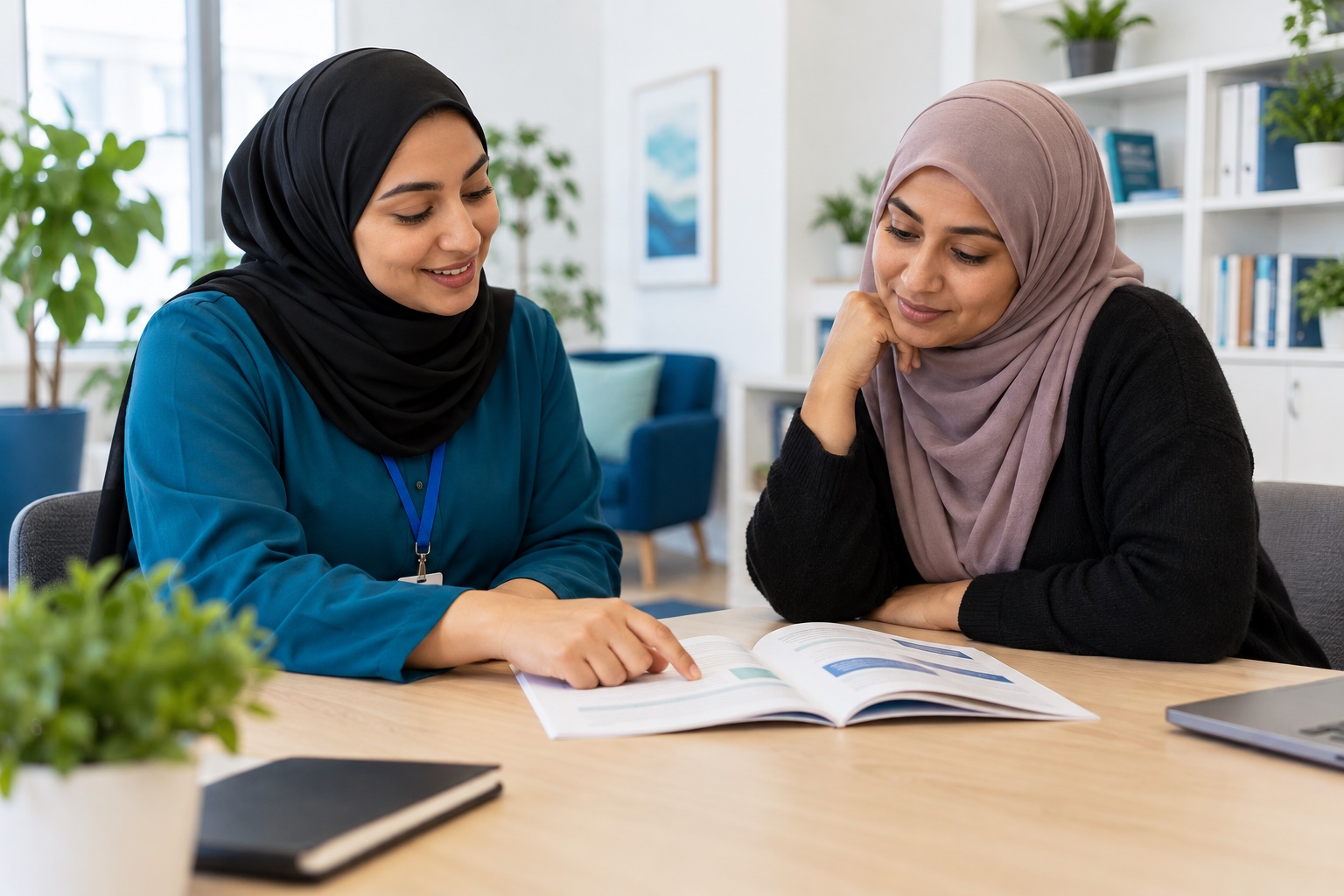 Illustrative community worker and visitor looking through resource information